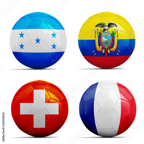 Soccer balls with group E teams flags  Football Brazil 2014.