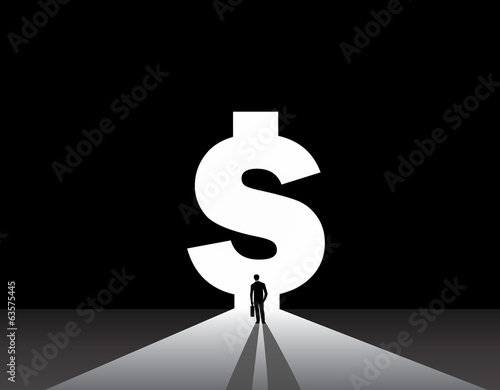 Businessman silhouette standing front of dollar money bank door