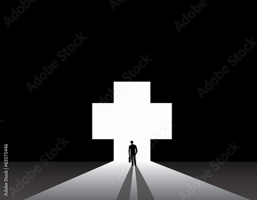 Businessman silhouette standing front of medical plus shape door
