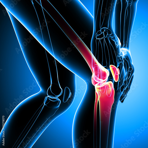 Anatomy of knee pain on blue photo