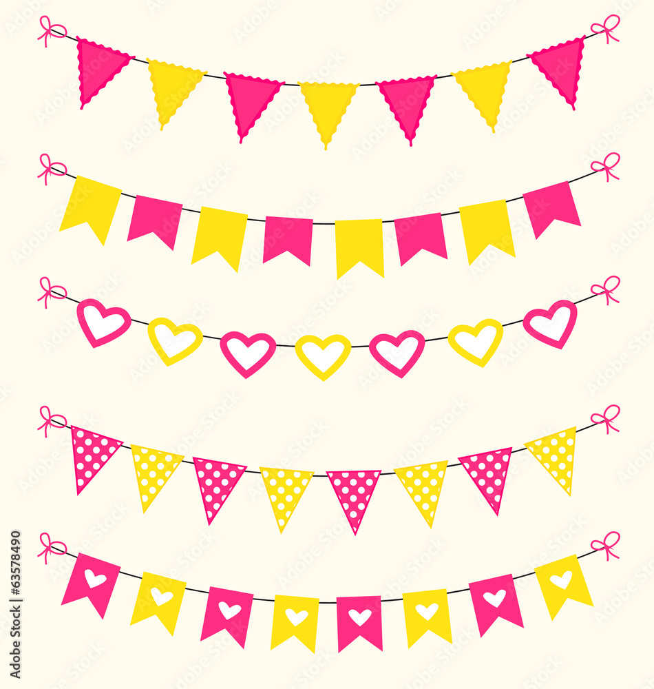 Bunting set pink and yellow scrapbook flags design elements