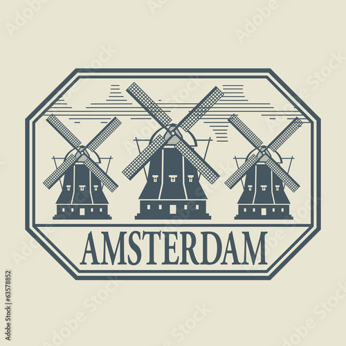 Stamp or label with word Amsterdam inside, vector illustration