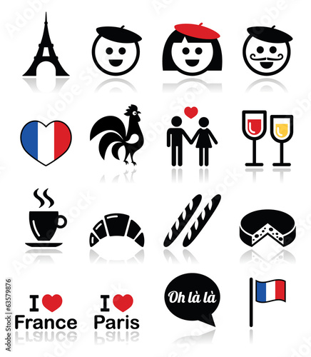 France, I love Paris vector icons set
