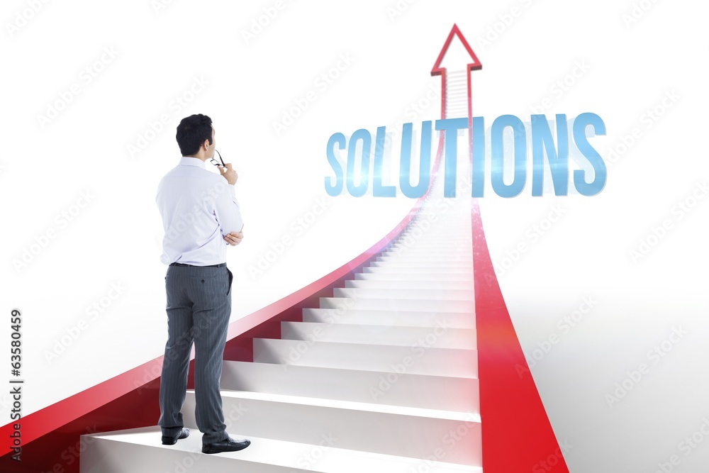 Solutions against red arrow with steps graphic Solutions against red arrow with steps graphic