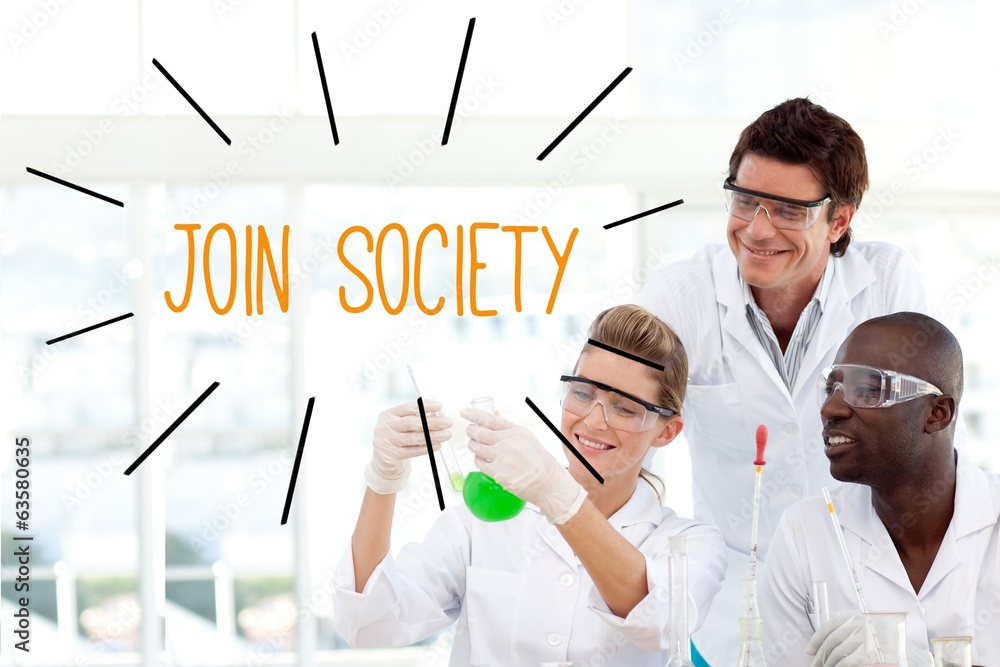 Join society against scientists working in laboratory Join society against scientists working in laboratory