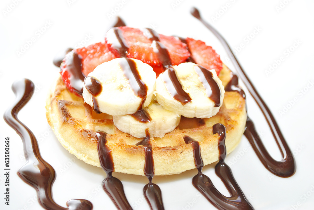Waffle Dessert with Fresh Fruit and Chocolate Sryup Waffle Dessert with Fresh Fruit and Chocolate Sryup