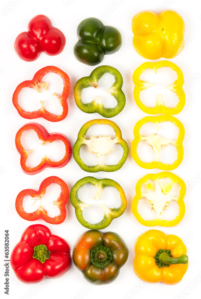 Slice Bell Pepper in a row with white background Slice Bell Pepper in a row with white background