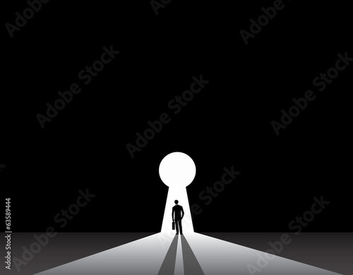 Businessman silhouette standing front of keyhole door concept