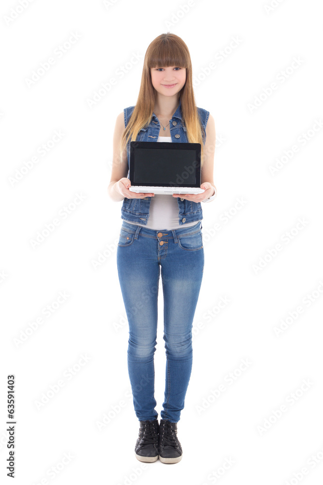 teenage girl holding laptop with copyspace isolated on white teenage girl holding laptop with copyspace isolated on white