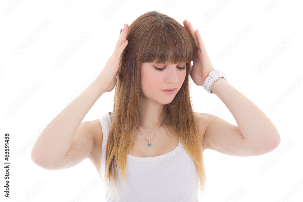 teenage girl with headache isolated on white teenage girl with headache isolated on white
