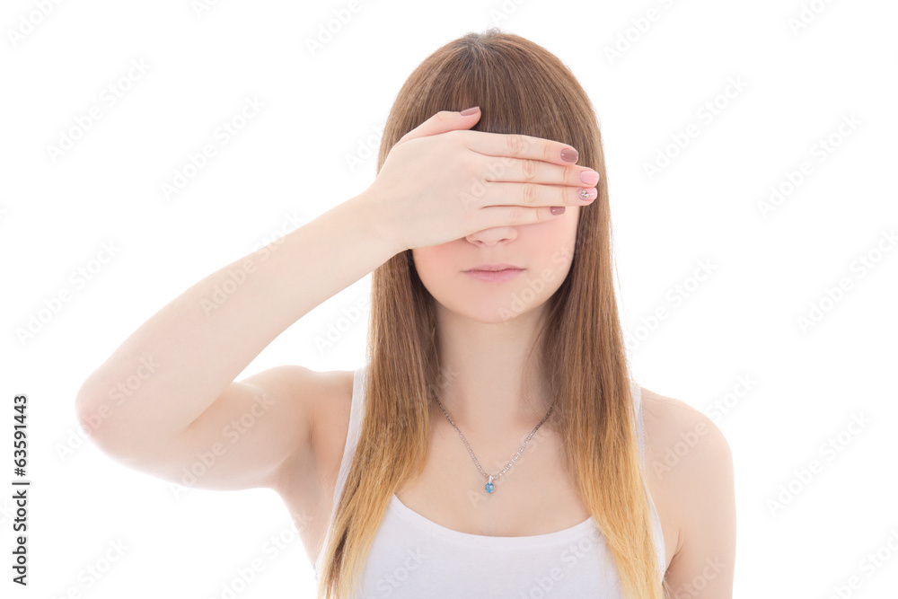 teenage girl with hand on eyes isolated on white