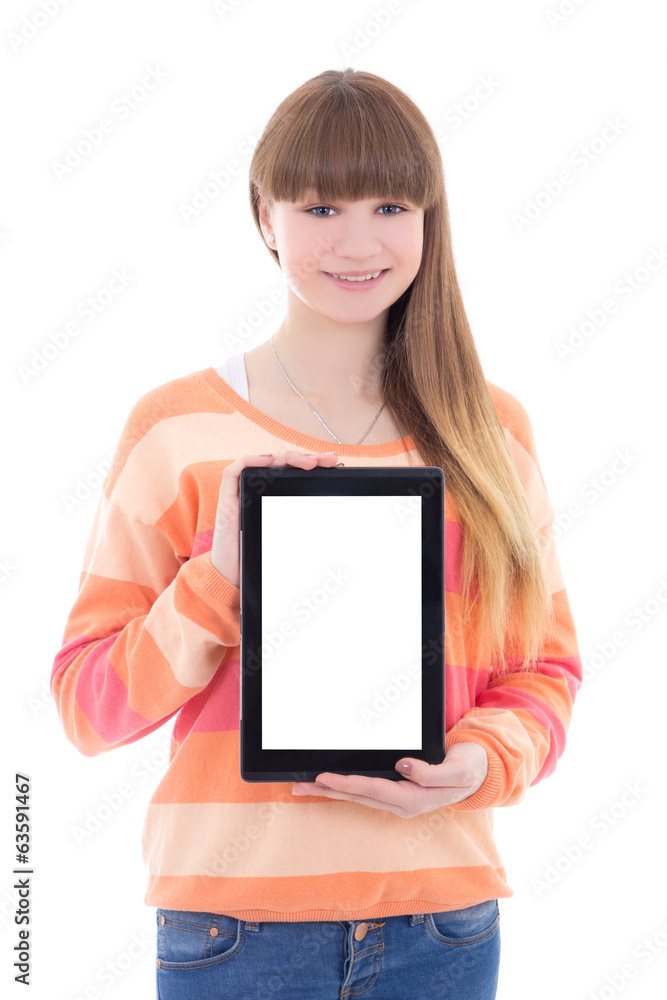 beautiful teenage girl holding tablet computer with copyspace is