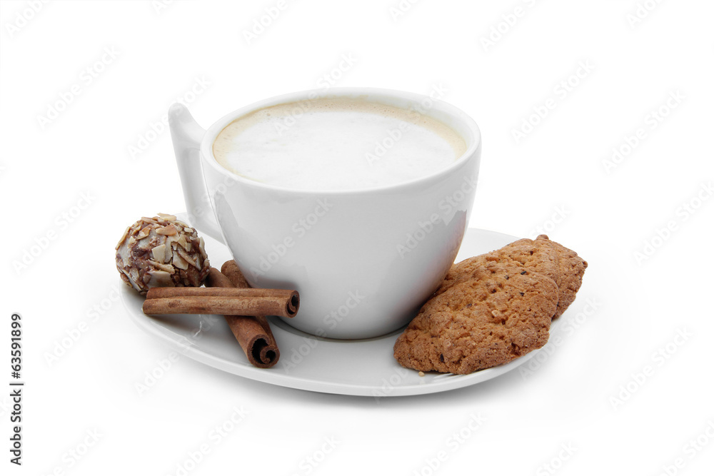cup of coffee with chocolate candy, cookies and cinnamons cup of coffee with chocolate candy, cookies and cinnamons