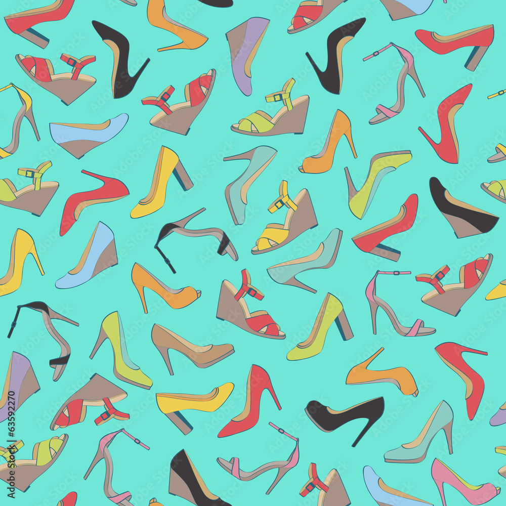 Seamless lady's shoes colorful pattern. Green background. Seamless lady's shoes colorful pattern. Green background.