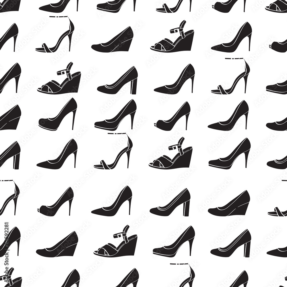 Seamless lady's shoes black and white pattern. Seamless lady's shoes black and white pattern.
