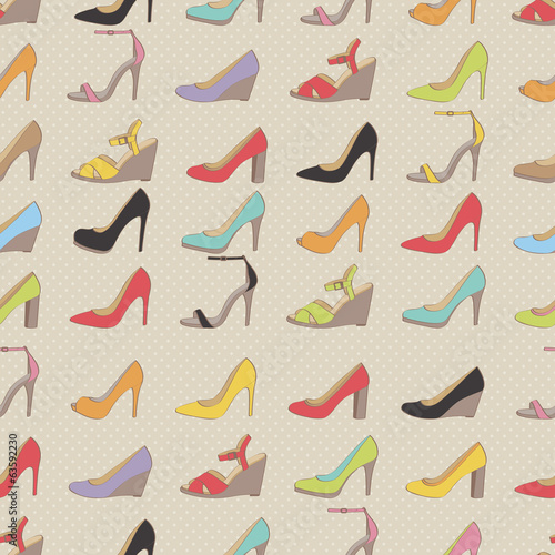 Lady's shoes colorful pattern. Beige polka dot background.