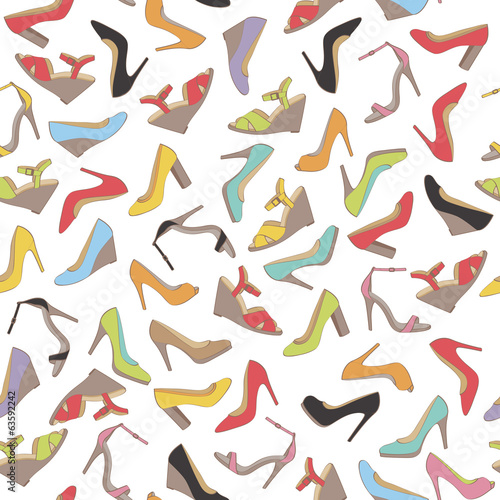 Seamless lady's shoes colorful pattern. White background.