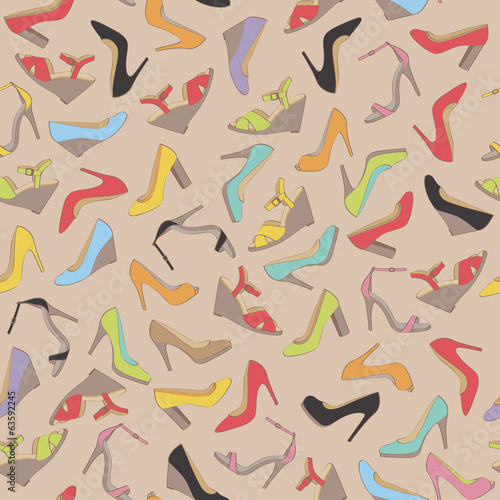 Seamless lady's shoes colorful pattern. Beige background.