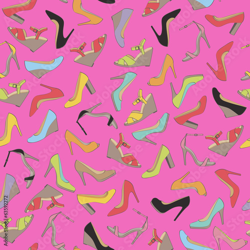 Seamless lady s shoes colorful pattern. Pink background.