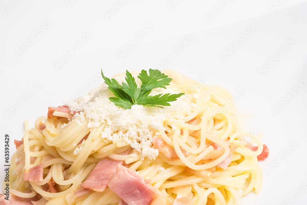 Spaghetti Carbonara With Baked Ham And Parmesan Close Up Spaghetti Carbonara With Baked Ham And Parmesan Close Up