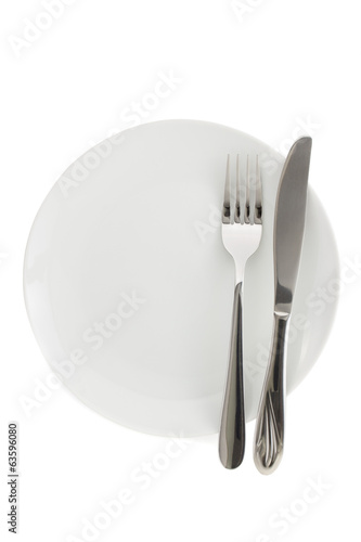 plate, knife and fork  on white background