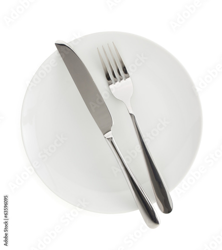 plate, knife and fork on white background