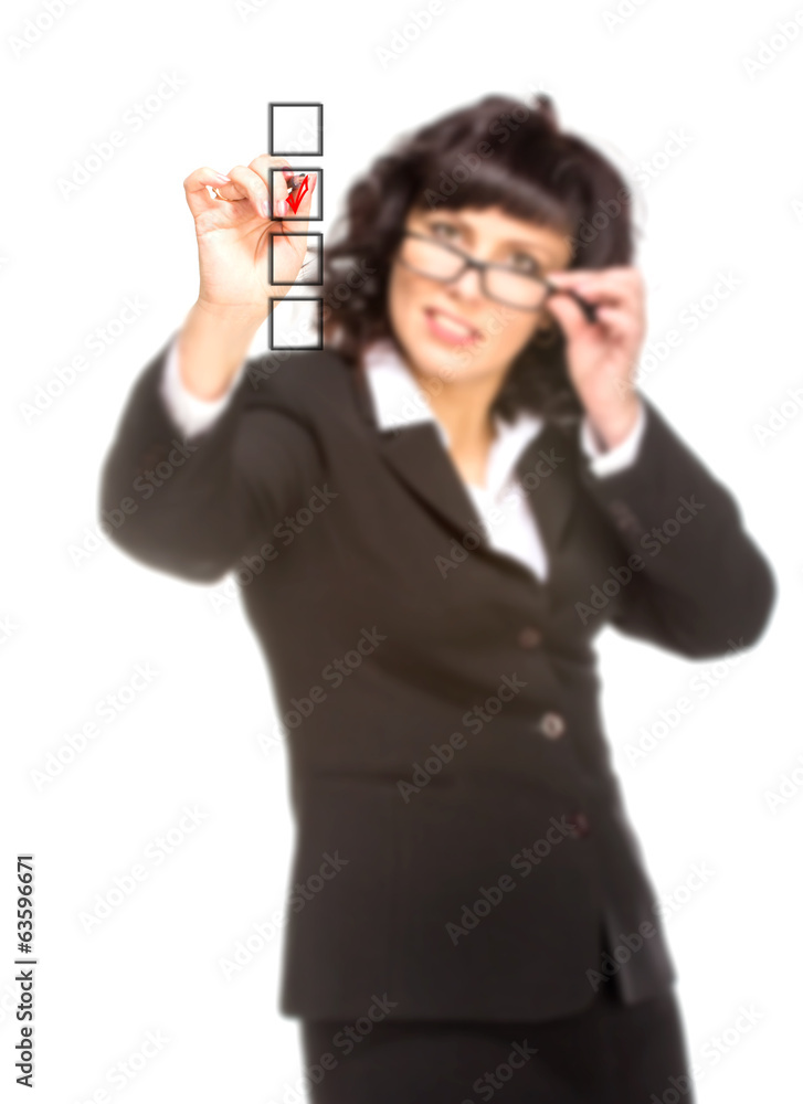 Cheerful senior business woman with pen drawing on virtual white Cheerful senior business woman with pen drawing on virtual white