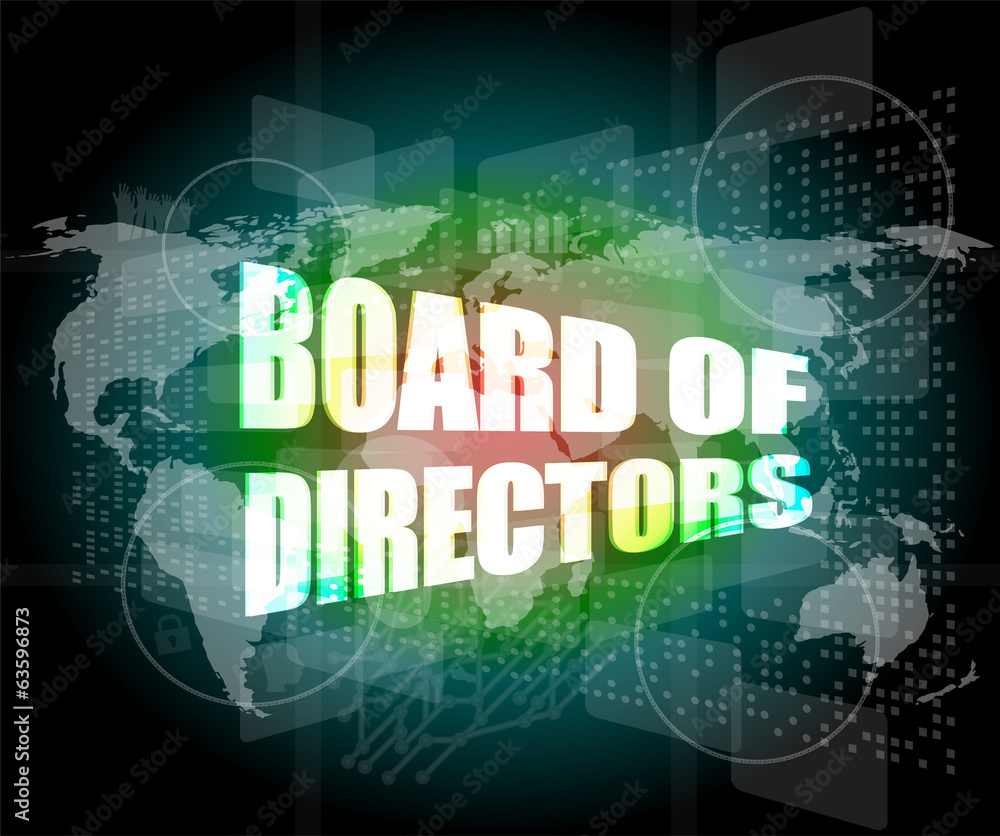 board of directors words on digital screen, world map