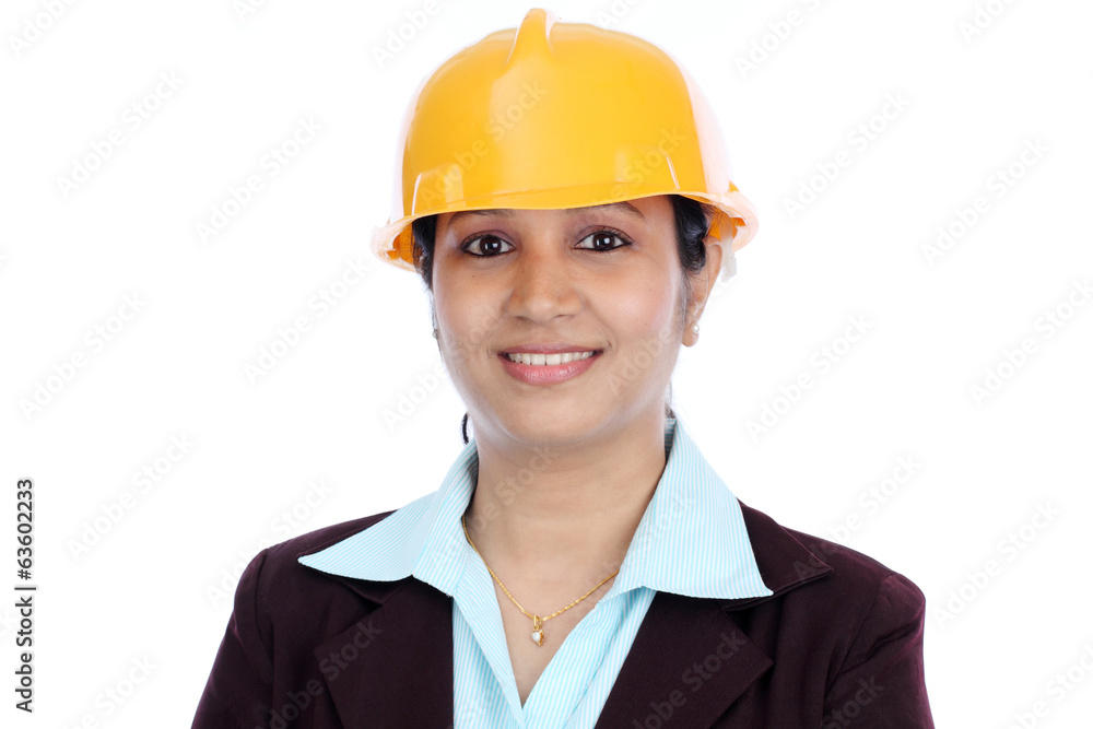 Happy businesswoman in white helmet with crossed arms Happy businesswoman in white helmet with crossed arms