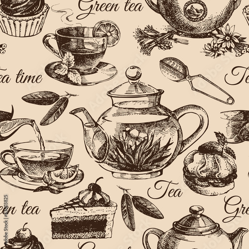 Tea and cake seamless pattern. Hand drawn sketch illustration