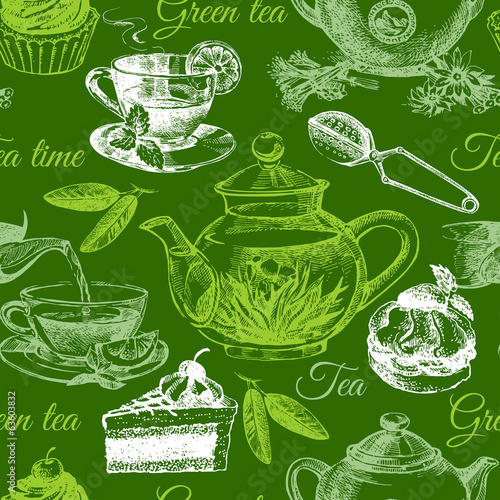 Tea and cake seamless pattern. Hand drawn sketch illustration