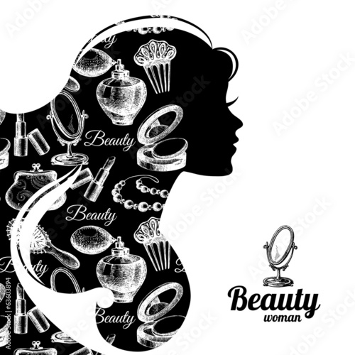Beautiful woman silhouette. Cosmetics set pattern. Beauty salon