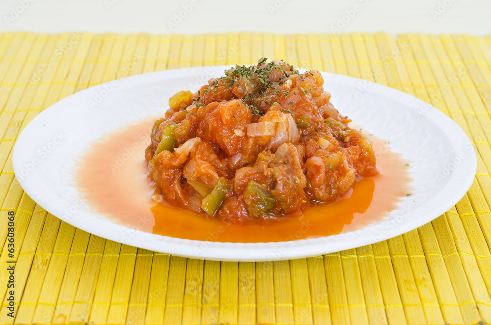 Spanish pisto food with onions, pepper, zucchini and tomatoe Spanish pisto food with onions, pepper, zucchini and tomatoe