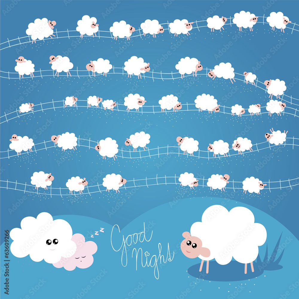 Obraz premium Good Night Vector Illustration for Kids with Individual Sheeps