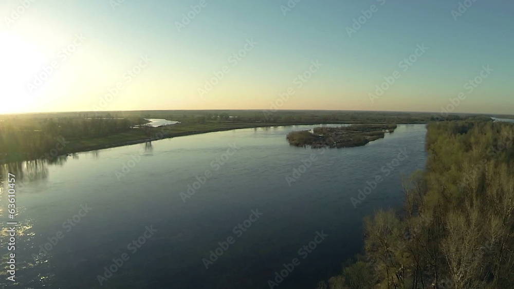 Morning quiet river with sun. Aerial view Morning quiet river with sun. Aerial view