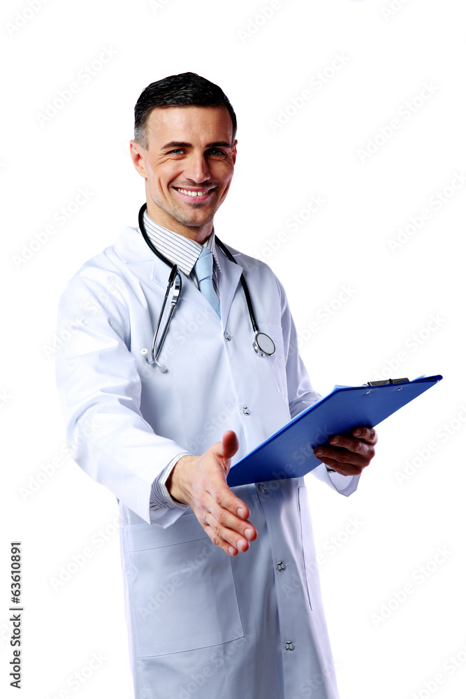 Happy male doctor offering his handshake over white background Happy male doctor offering his handshake over white background