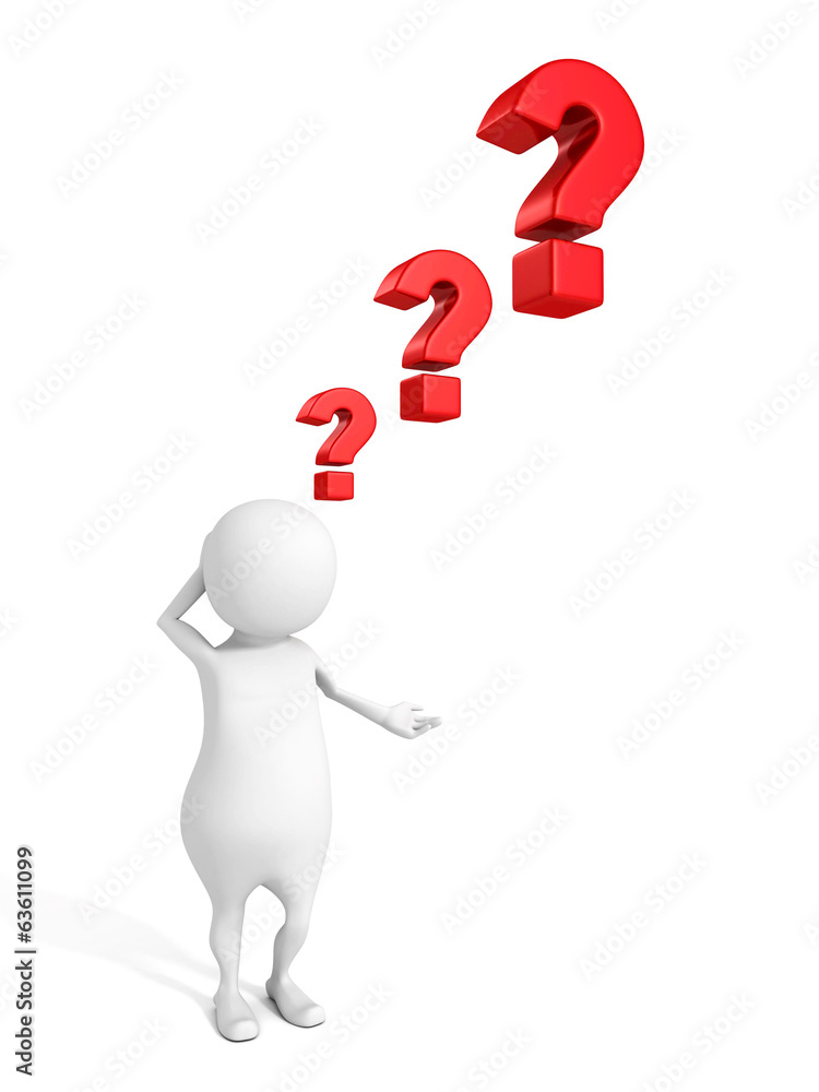 white 3d business man thinking with red question marks white 3d business man thinking with red question marks