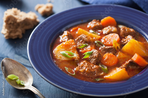 beef stew with potato and carrot in blue plate photo