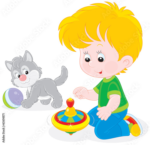 Boy plays with a whirligig and kitten