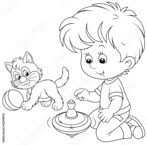 Boy plays with a whirligig and kitten