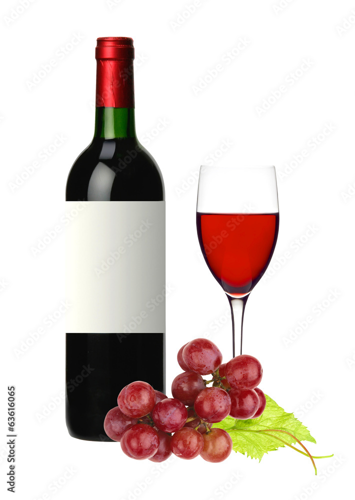 Obraz premium bottle and glass of red wine and grape isolated on white