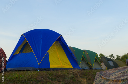Tourist tent in forest camp among meadow
