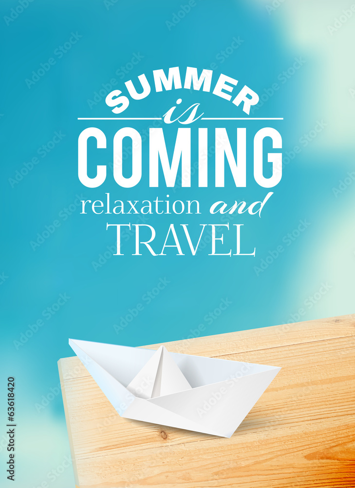 Bright blue sky and a boat on wooden board with typography