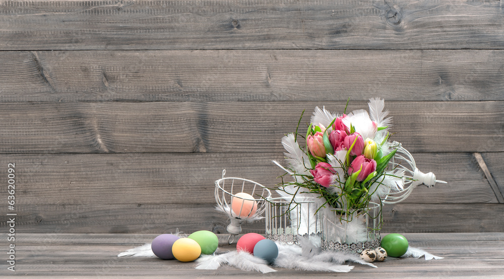 tulip flowers with easter eggs. vintage style - obrazy, fototapety, plakaty 