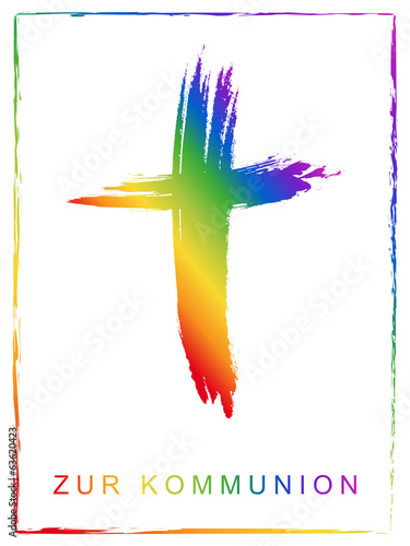 Kommunionskarten-Design mit Kruzifix in Regenbogenfarben