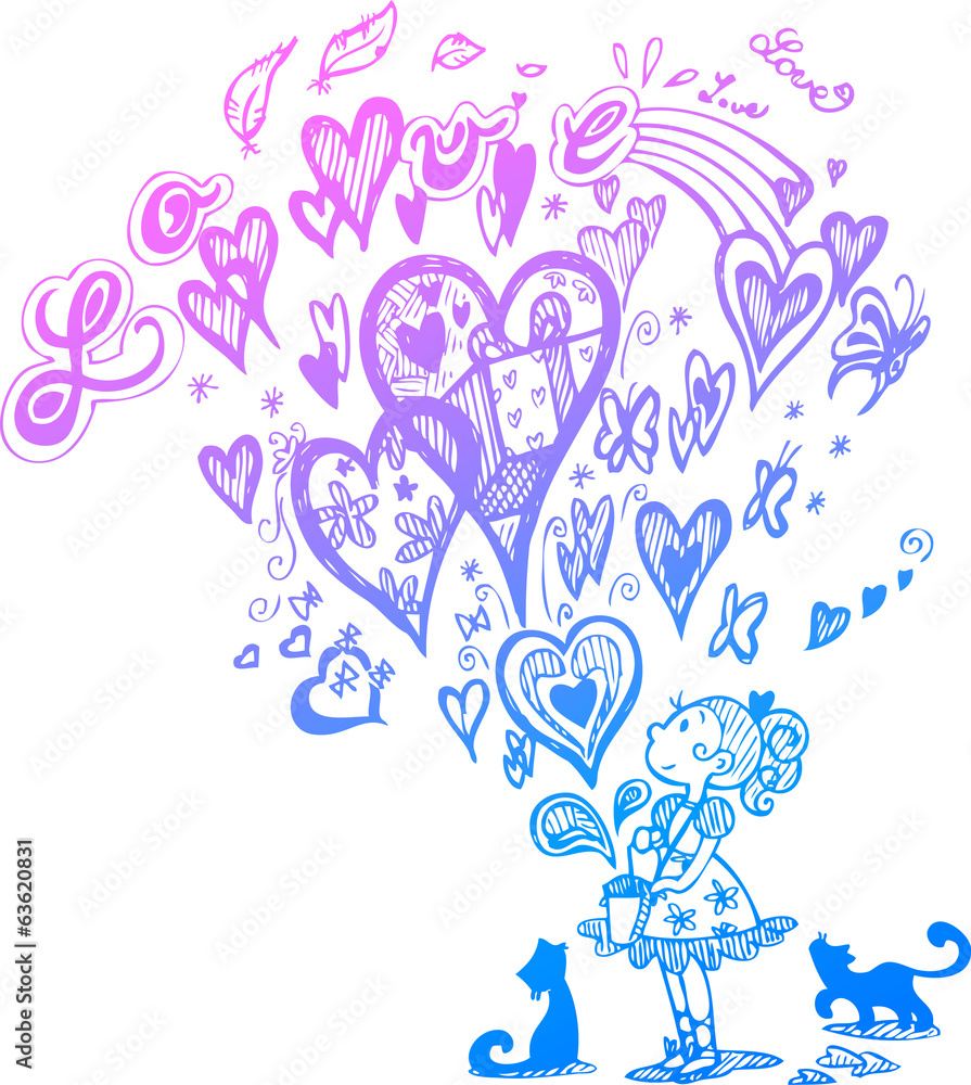 Girl and bag with flying hearts and doodles Girl and bag with flying hearts and doodles