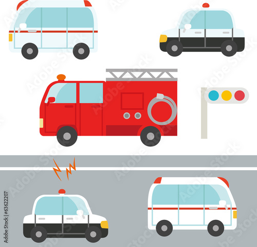 かわいいパトカー、救急車、消防車
