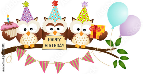 Cute Three Owls Happy Birthday