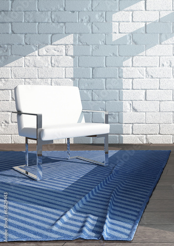 Single white chair standing on blue carpet