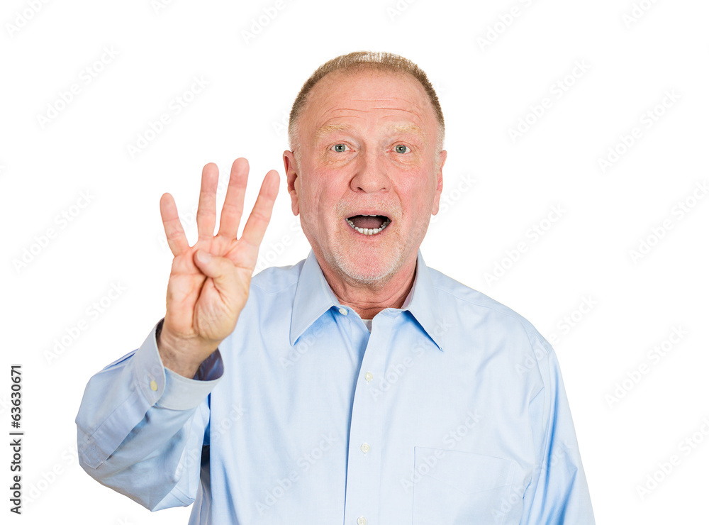 Senior elderly man showing the number four hand gesture Senior elderly man showing the number four hand gesture